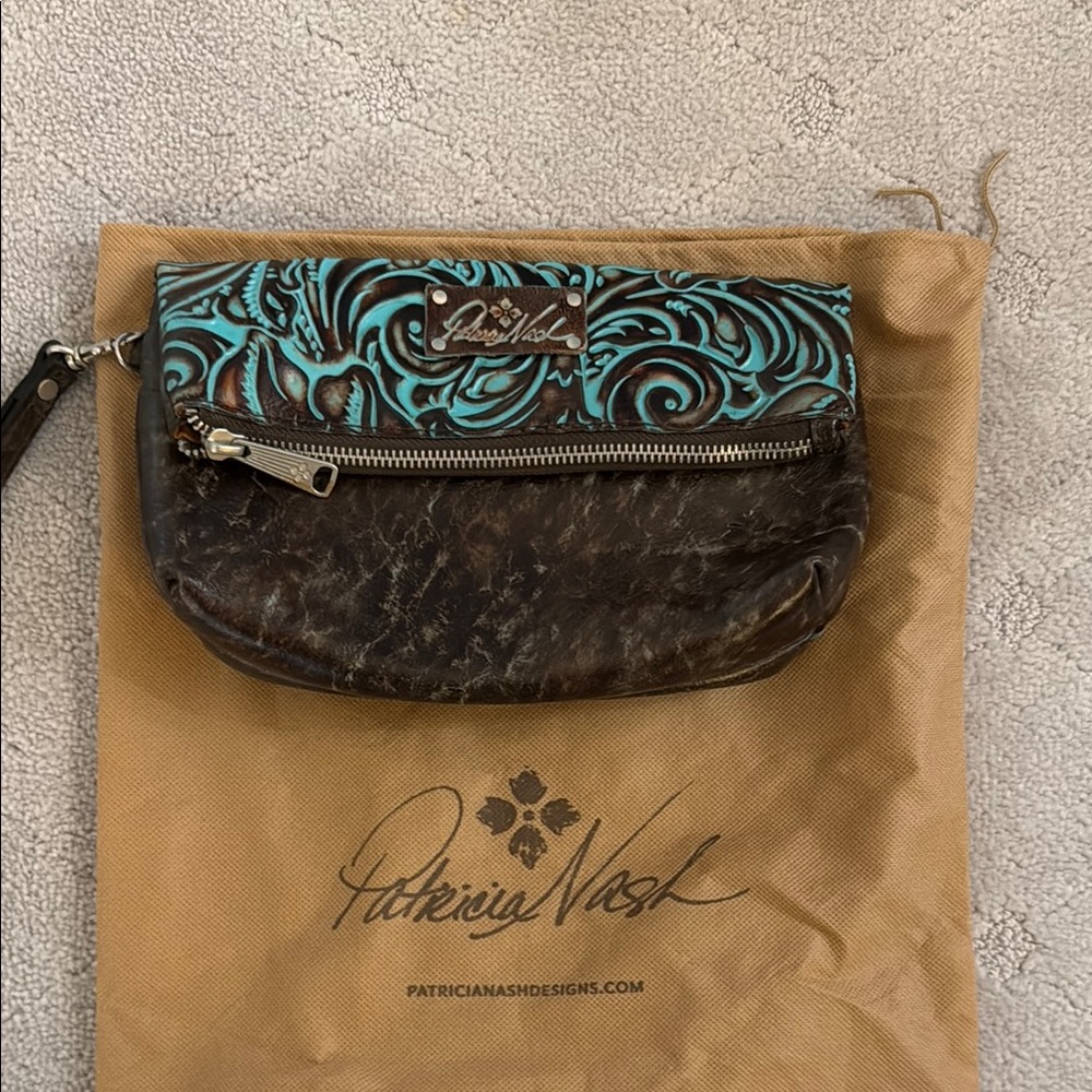 Patricia Nash Brown and Blue Clutch with Floral Design